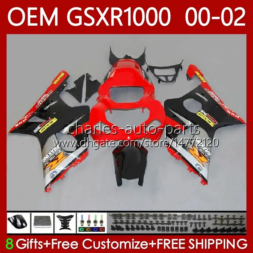 Kit de carrosserie OEM pour SUZUKI GSXR 1000 CC GSXR-1000 01-02 Carrosserie 62No.36 GSXR1000 K2 1000CC 2001 2002 2002 GSX-R1000 GSX R1000 00 01 02 Carénages de moulage par injection rouge usine