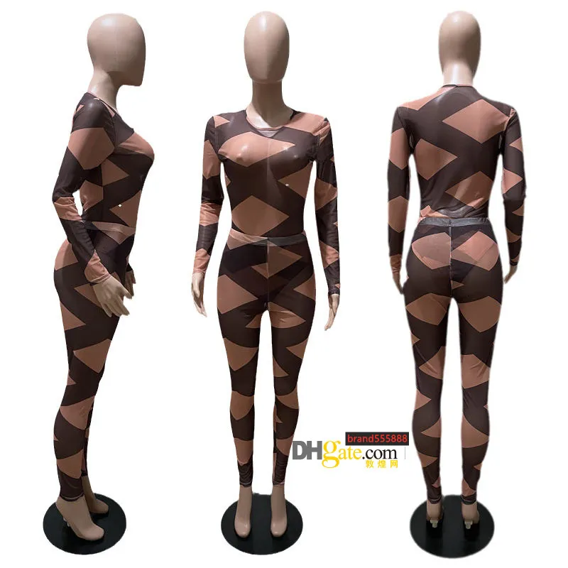 Black Nude Plaid Print Sexy Set Women Club Outfits Mesh Sheer Bodycon Jumpsuit Matching Sets C87-CF15
