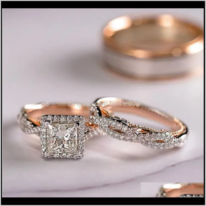 jewelry 925 sterling silver&rose gold fill princess cut white topaz cz diamond women wedding band ring gift wjl1125