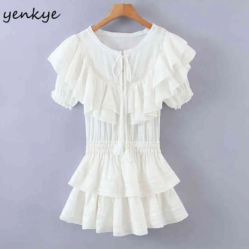 Summer Women Sweet Lace White Dress Female Short Sleeve Layered Ruffle Cake Party Mini Vestido 210430
