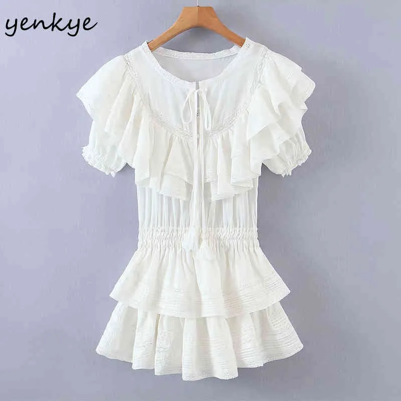 Été femmes doux dentelle robe blanche femme à manches courtes en couches à volants gâteau fête Mini Vestido 210430