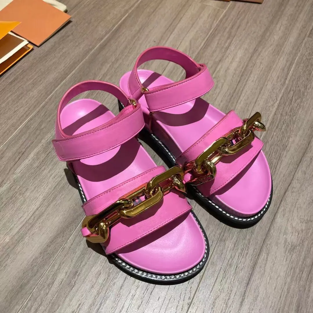 Sandals Outsole Slippers Soft Calf Leather Flat Comfort Wide Front Strap With Gold Chain Fashion Rubber Black White Light Green Blue Pink