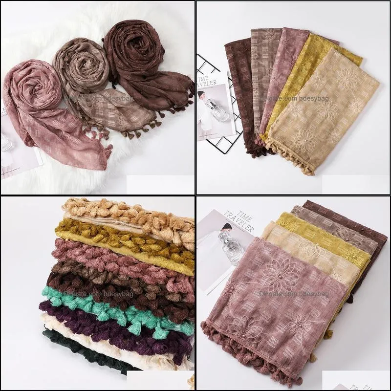 10pcs Pure Color Hijabs Cotton Linen Beaded Pearl Headband Embroidered Tassel Hanging Scarf COLOR 12