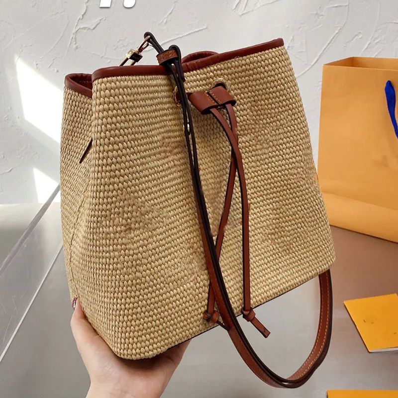 Woven Bucket Bag Straw Bags Handbags Purse Fashion Plain Letter Printing String Interior Zipper Adjustable Shoulder Strap Hollow Out