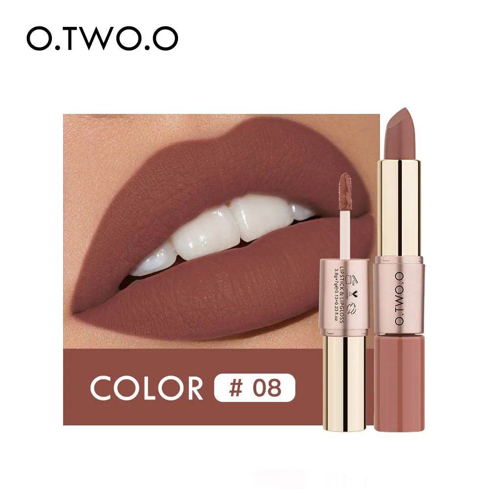 O.TWO.O 2 en 1 Lápiz labial líquido mate y brillo de labios Maquillaje Hidratante Terciopelo resistente al agua de larga duración 12 colores