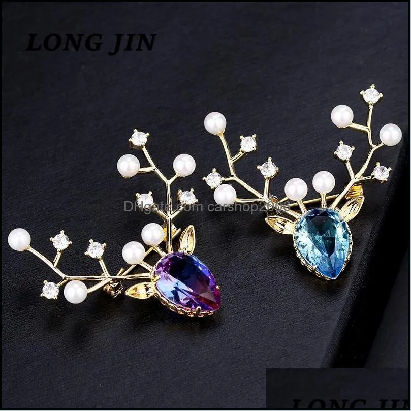 Pins, Brooches LONG JIN Korean Zircon Elk Brooch Personality Net Red Clothes Small Pin Female Blue Accessory Collar Wedding Jewelry