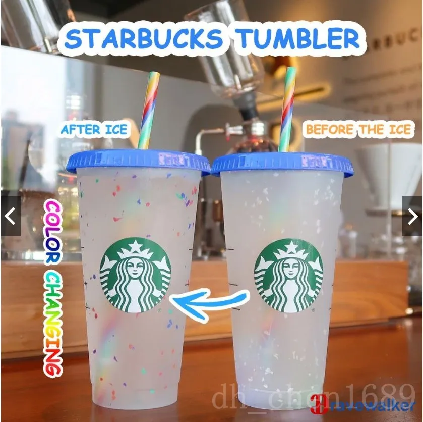 Starbucks Tumbler Blue Tasses 24oz / 710ml Tailles de boisson de boisson à boissons en plastique Sirène Déesse Frappuccinos Couleur Changement d'arc-en-ciel Sublimation Blans 50pcs