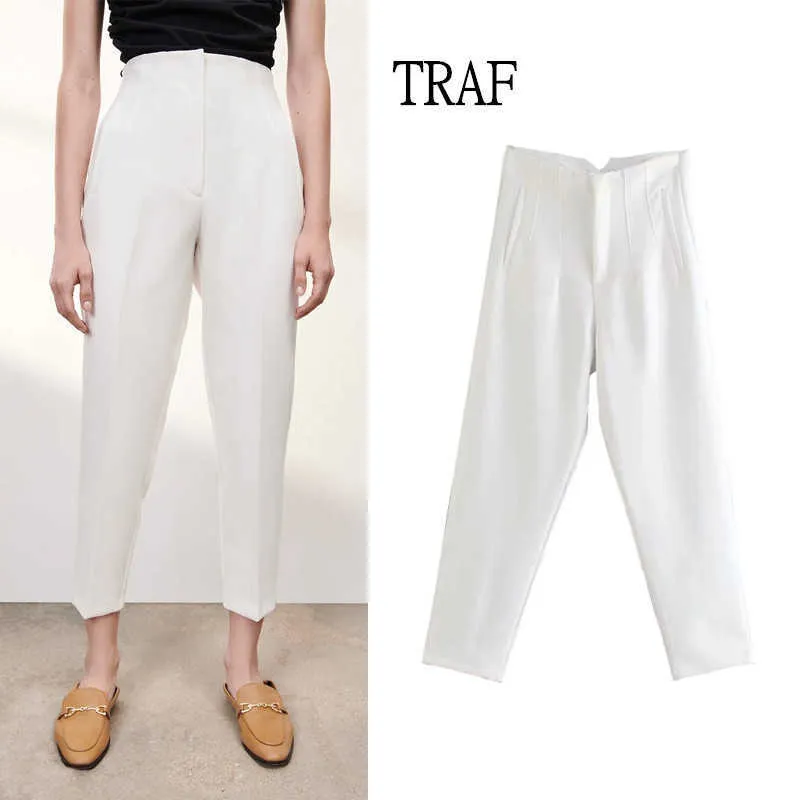 TRAF Pants ZA Dames 2021 Mode Hoge Taille Office Dame Y2K Rits Chic Pocket Straight Suits Pant Koreaanse Mode Broek Mujer Q0801