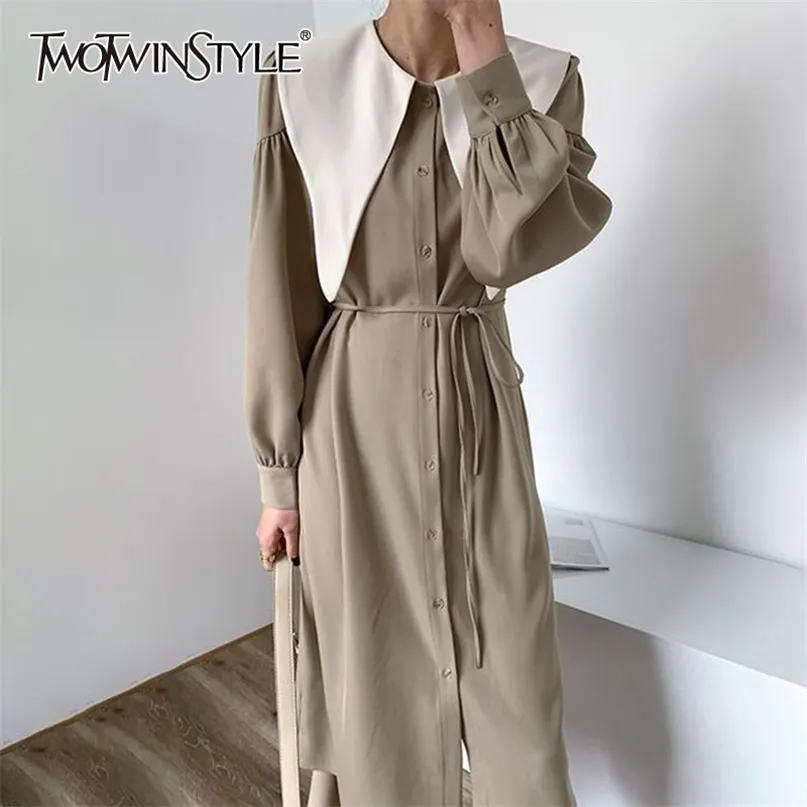 Koreanische Patchwork Kleid Für Frauen Revers Langarm Hohe Taille Elegante Midi Kleider Weibliche Mode Kleidung 210520