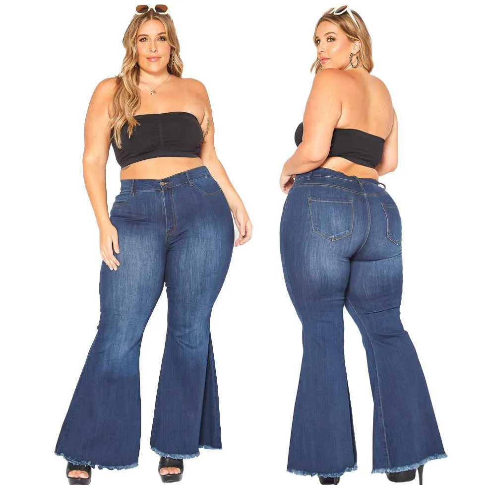 Plus Size Flared Jeans for Women 2021 Washed Fashion Slim Casual Long-pants Large Sexy Street Trousers Wide-leg Mom Jeans 5XL H0908