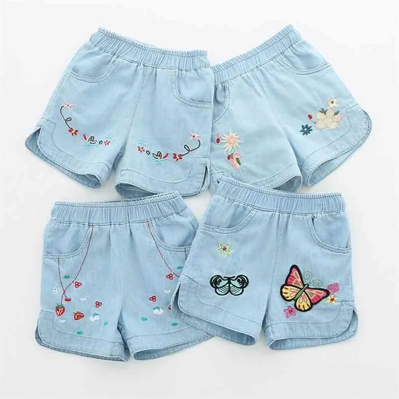 Summer Casual 2 3 4 6 8 10 12Years Children Embroidery Flower Cotton Pocket Denim Blue Shorts For Small Baby Kids Girls 210701