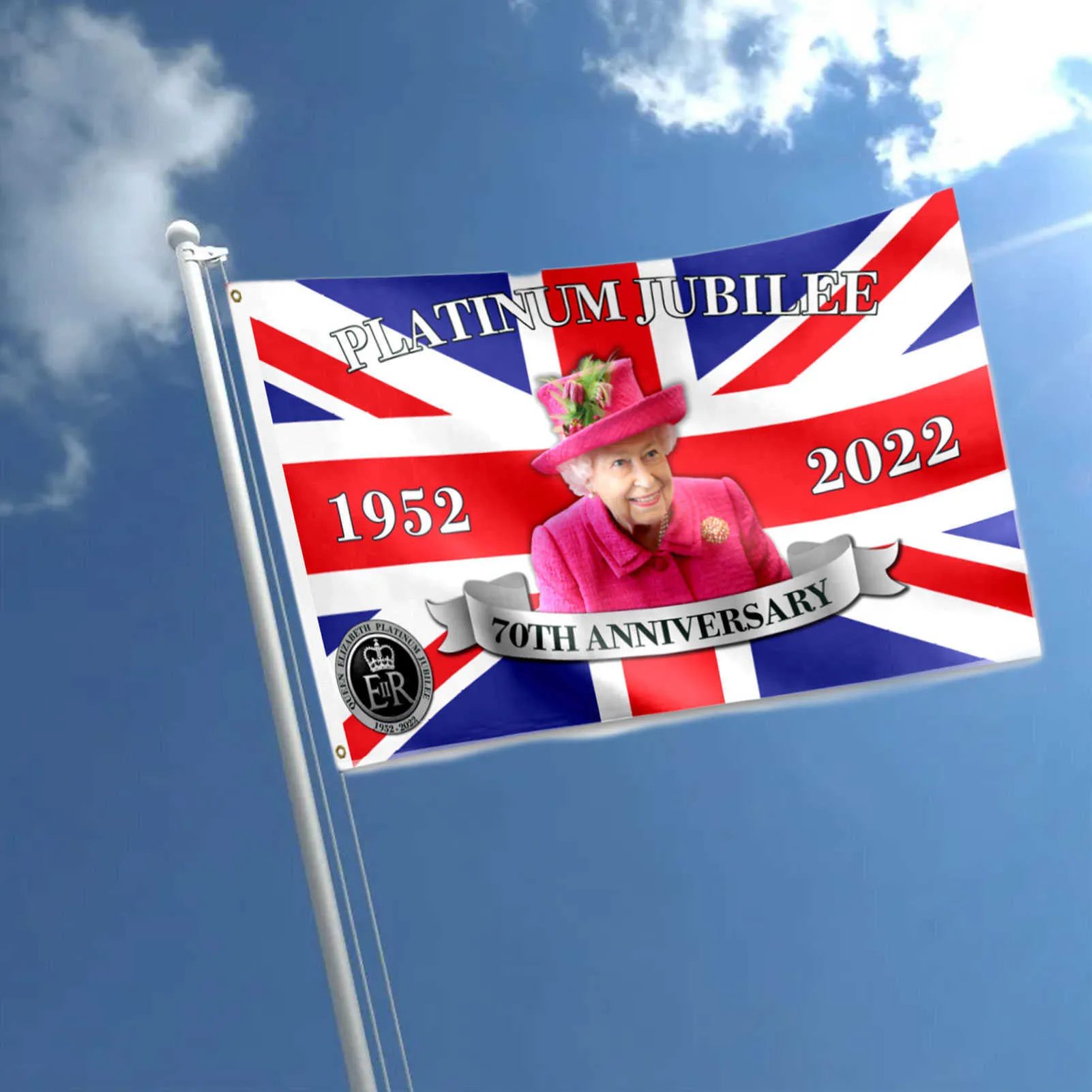 2022 Elizabeth II البلاتين اليوبيل العلم 3x5ft الاتحاد جاك العلم يضم لها جلالة الملكة تذكارية الديكور للملكة