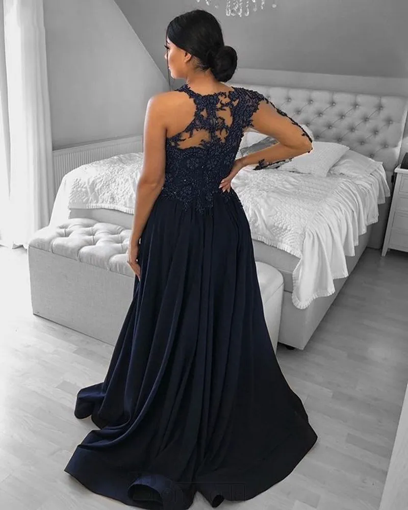 Una spalla blu navy Dubai abiti da sera manica lunga A-Line Split raso di pizzo con perline abito da ballo formale Robe De Soiree 2021275l