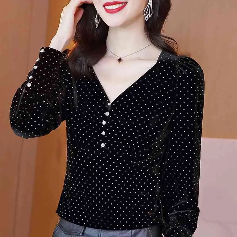 Z długim rękawem Velor Bluzka Zimowa Ubrania Kobiet Bluzka Kobiety BluSas Mujer De Moda V-Neck Black Dot Bluzka Koszula Blusa D694 210426