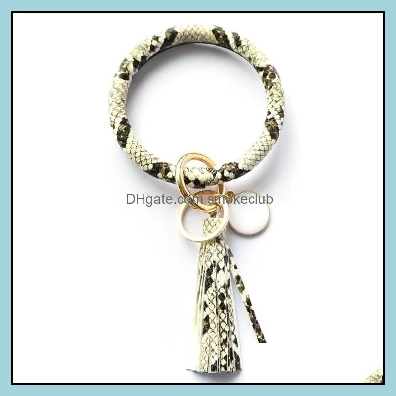 Women Tassels Bracelets PU Leather Wrap Key Ring Leopard Lily Print Keychain Wristband Sunflower Drip Oil Circle Bangle Chains Epacket