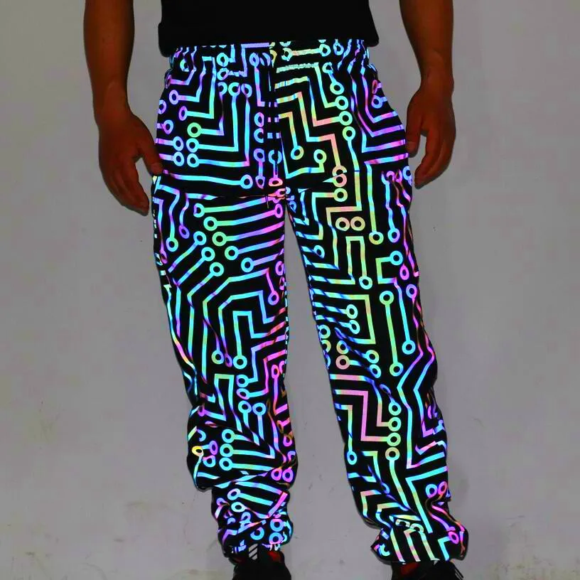 Mens reflexivo calças brilhantes colorido harajuku hip hop dança calças fluorescentes noite cordões esportivos pantalones hombre