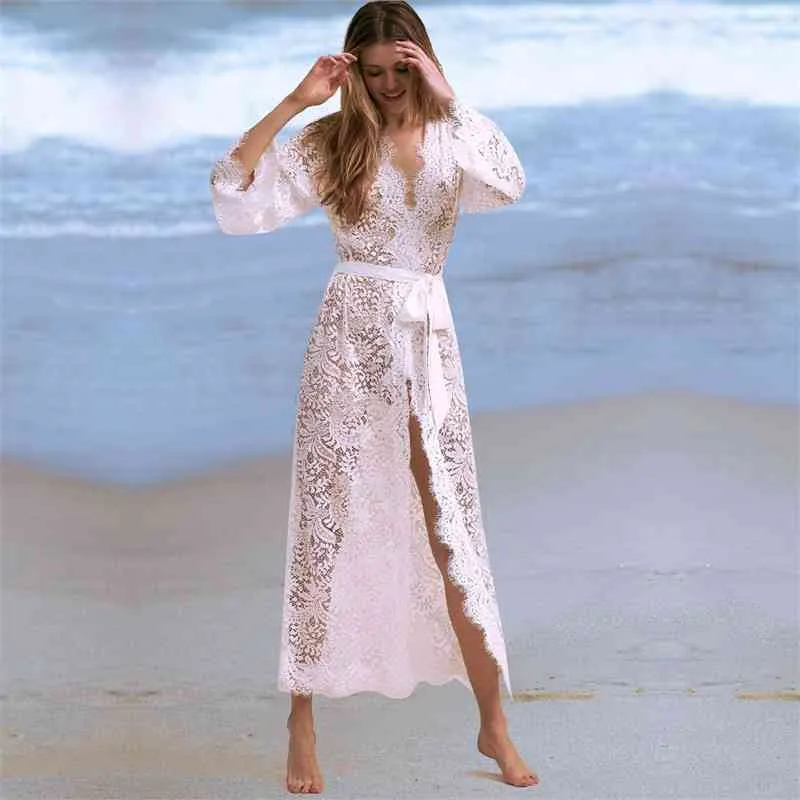 Túnicas para praia Long Lace Beach Dress Mulheres Swim Cobertura Plus Size de Praia Robe Plage Kaftan # Q622 210420