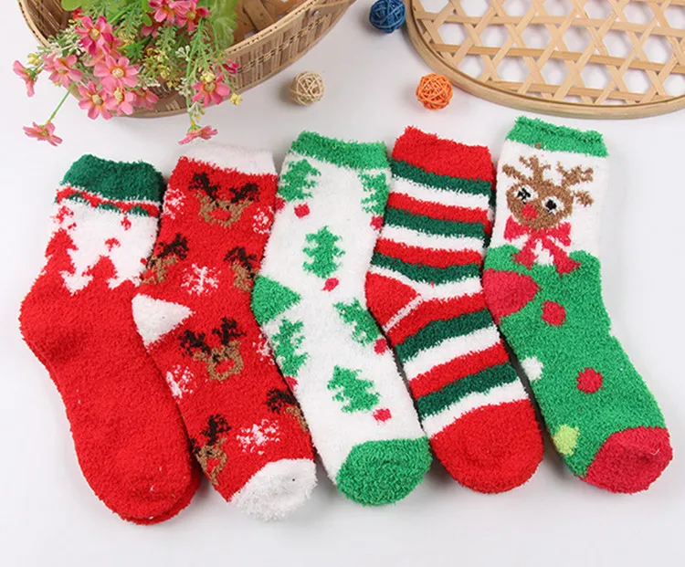 2021 Inverno Quente Macio Mulheres Inverno Outono Casa Coral Fleece Sock Santa Claus Deer árvore Festival de Natal Presente Peúgas Novo