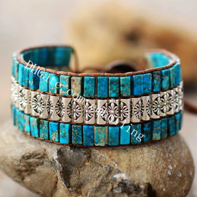 Tubo Diaspro imperiale naturale Filo di perline Bracciale largo Protezione curativa regolabile ShouShan Pietra Perline di metallo Avvolgere Pelle Boho Bracciali Braccialetti Gioielli