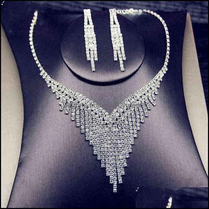 Fyuan Shine Geometric Rhinestone Necklace Earrings for Women Long Tassel Jewelry Sets Weddings Banquet Gifts