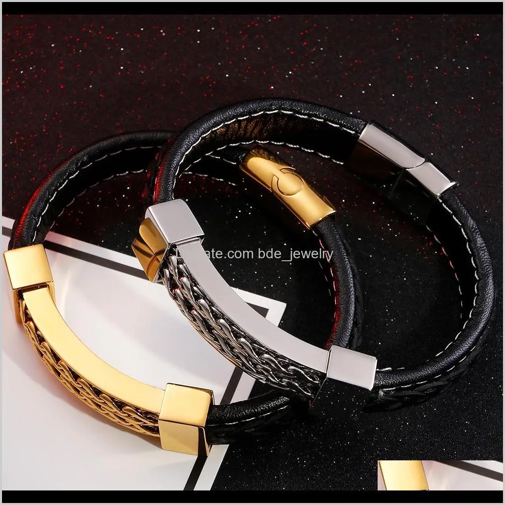 wrap leather bracelet for man fashion gold stainless steel mens bracelets men`s jewelry braided genuine leather boyfriend gifts