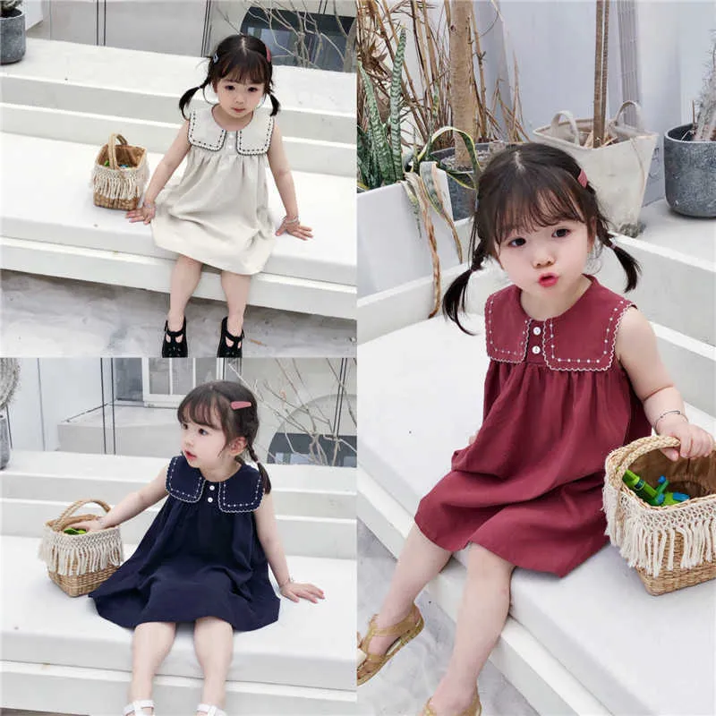 Sommarflickor Navy Collar Dress Princess Dress Kids Dresses for Girls Baby Girl Clothing 210701