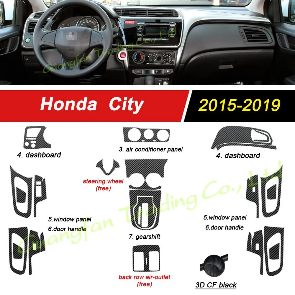 Honda City 2015-2019 내부 ​​중앙 제어판 도어 핸들 3D/5D 탄소 섬유 스티커 데칼 자동차 스타일링 액세서리
