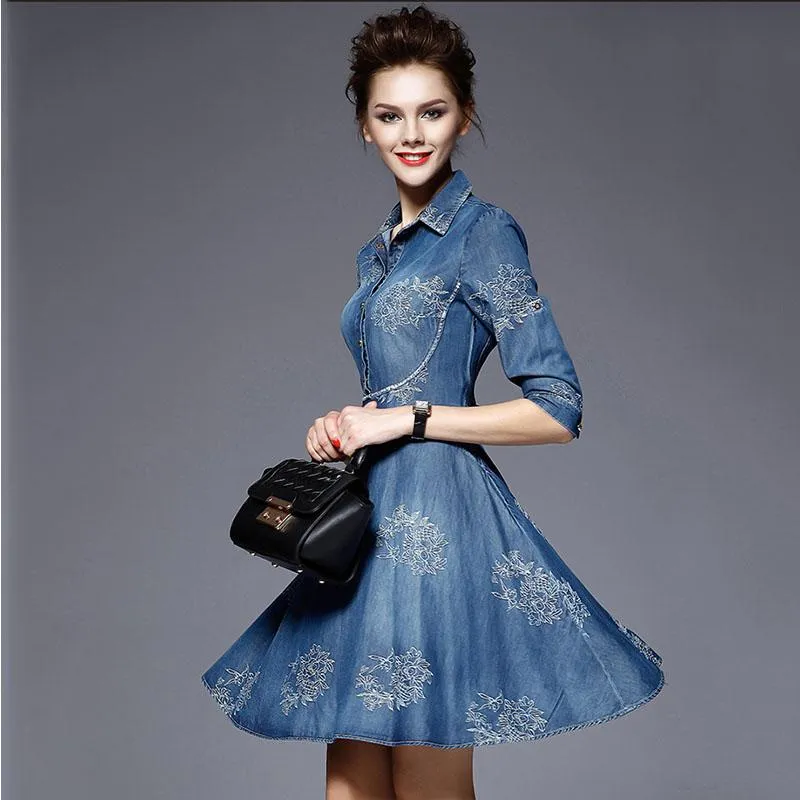 Casual Denim Dress for Women Ages 18-35 with Short Sleeves and Floral  Embroidery