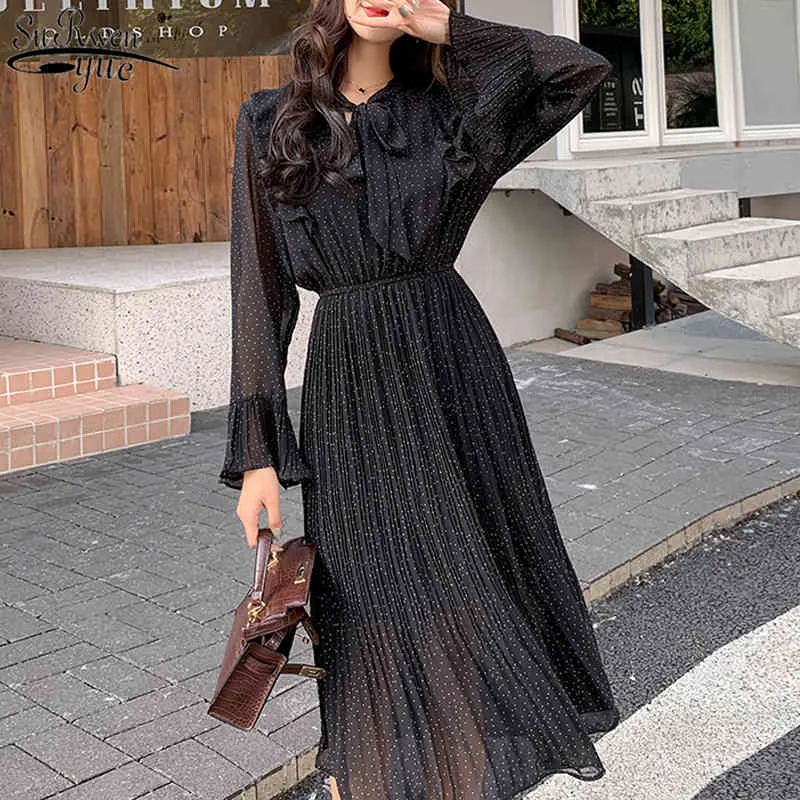 Autunno Donna Vintage Vita alta Abito pieghettato Elegante chiffon a pois es Colletto con fiocco nero Abiti 11185 210427