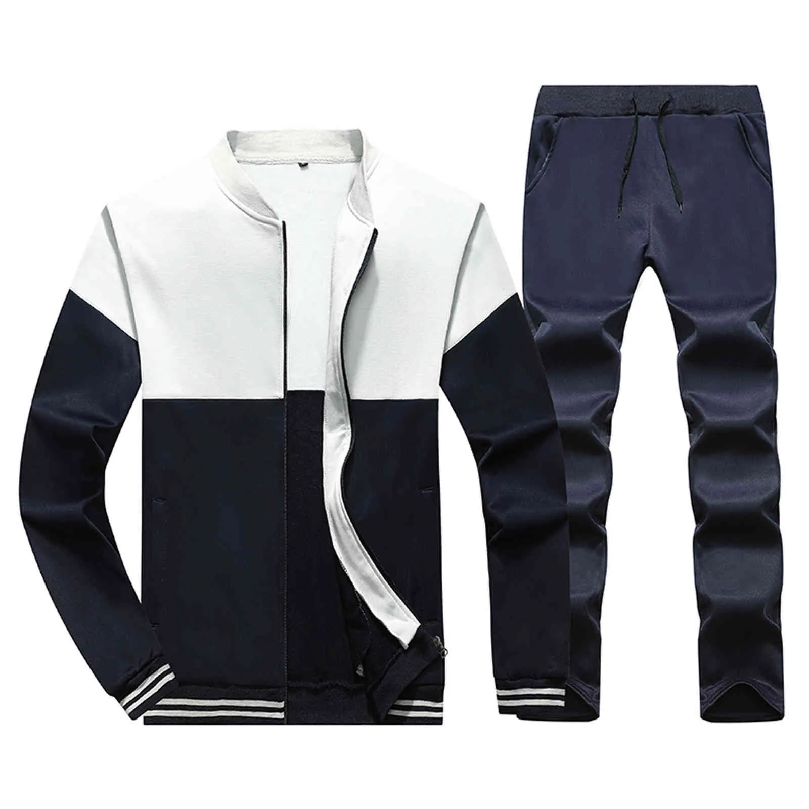 Hommes Automne Hiver Poche Sweat-shirt Top Pantalons Ensembles Zipper Costume de sport Costumes coréens Pantalon de survêtement Y0409