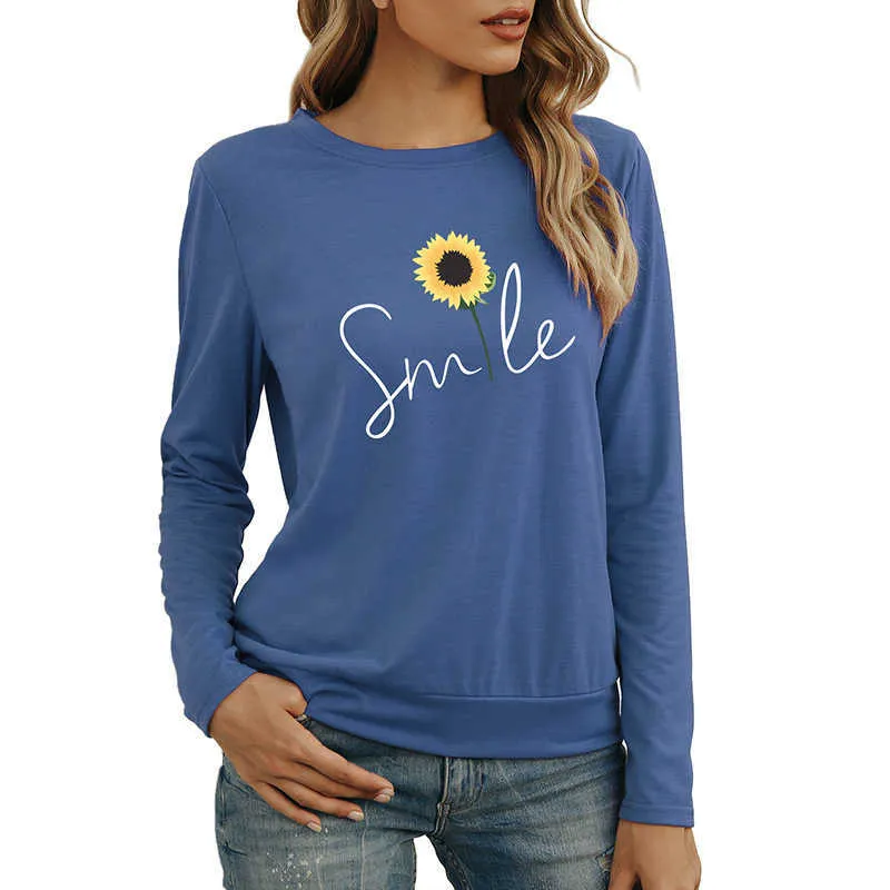 T-shirt da donna stampata a fiori T-shirt casual O-Collo manica lunga Primavera Autunno TShirt Ropa Mujer Camisetas W269 210526