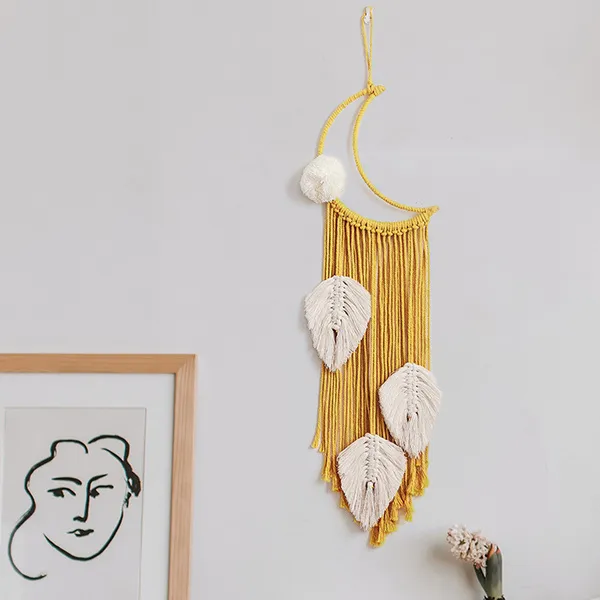 Tapiz colgante de pared de macramé amarillo con borla de hoja y luna, decoración del hogar tejida a mano DIY para dormitorio, tapiz bohemio colgante