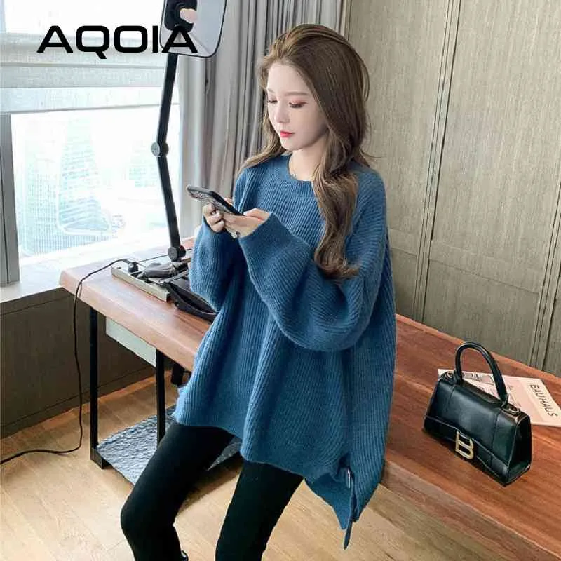 Hiver Streetwear irrégulière longue femmes chandails O cou lâche tricot couleur unie pull femmes mode chaud femme pulls 210521