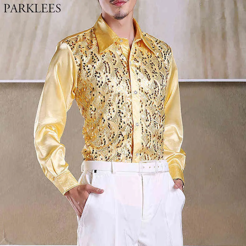 Shiny Gold Sequin Glitterの長袖のシャツの男性2019新しいファッションナイトクラブパーティーステージディスココーラスシャツ男性のキショイスHomme G0105