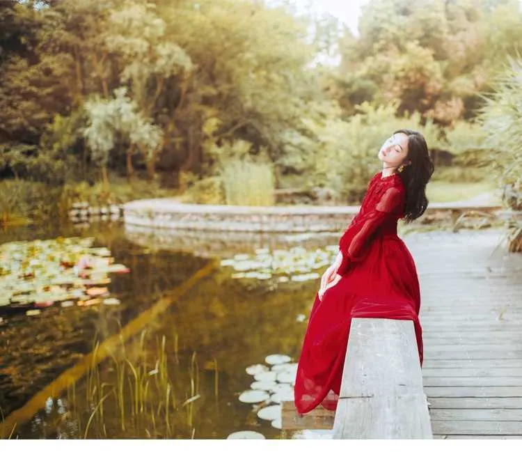 YOSIMI Vintage Maxi Dress Red Chiffon, Cdc Stands For Neck YOSIMI Vintage Maxi Dress Red Chiffon, Cdc Stands For Neck