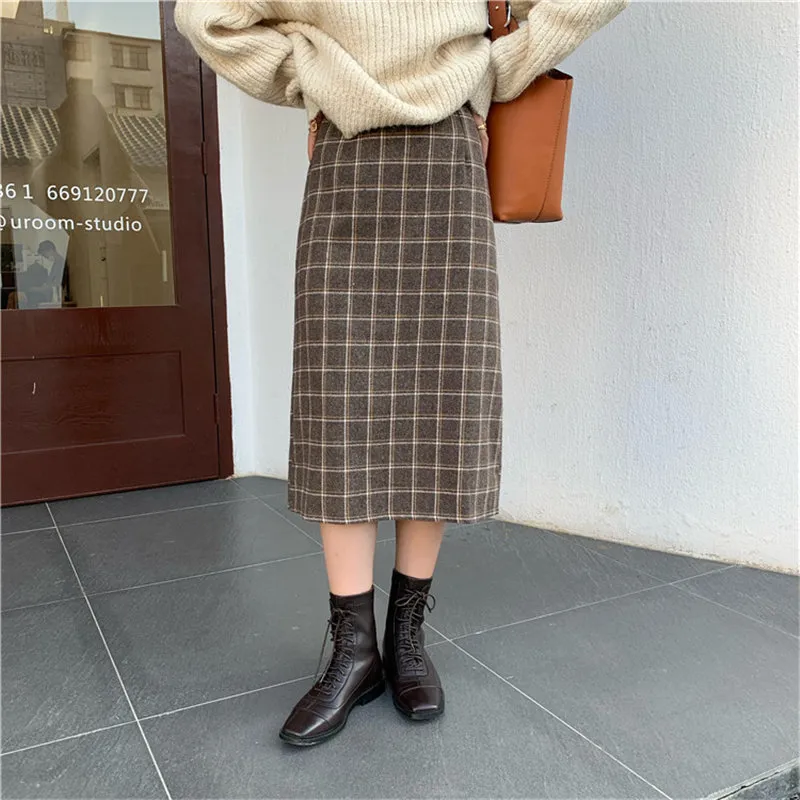 Streetwear Plaid Plus Size Fashion Female Geometric OL Elegant Vintage High Waist Retro Skirt Long Skirts 210421