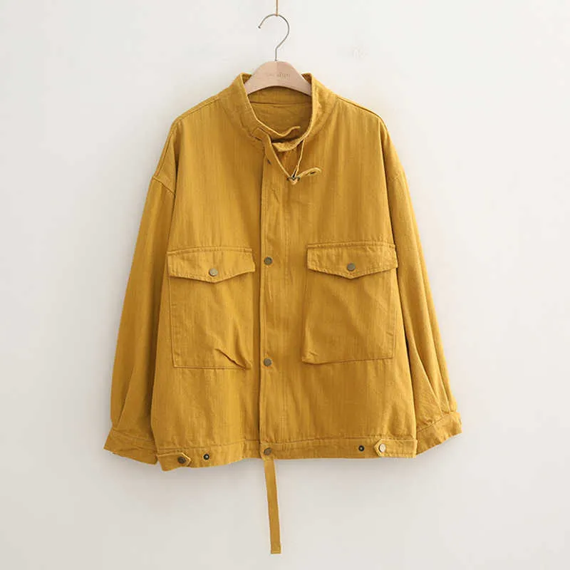 PERHAPS U Women Yellow Green Black Denim Jacket Button Pocket Long Sleeves Turn Down Collar Loose Back Letter Jean Coat C0209 210529