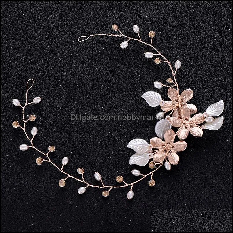 Trendy Gold Flower Pearl Wedding Headband Hair Vine tiara Bridal Headpiece Hair Accessories Handmade Bride Women Hair Jewelry