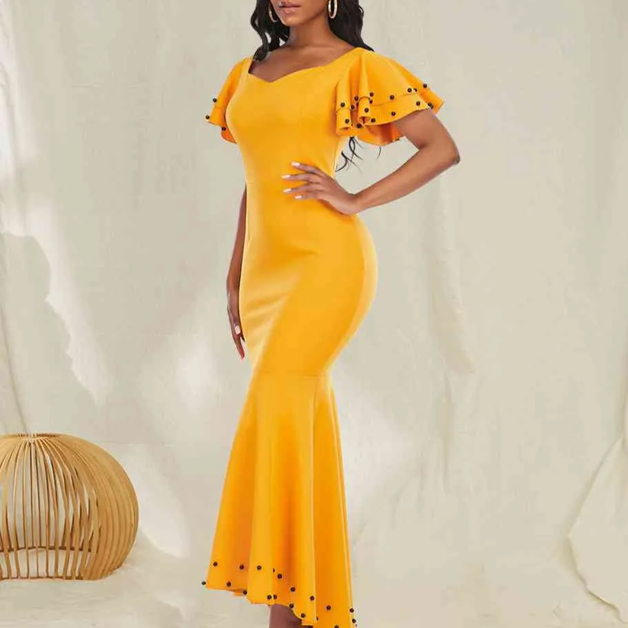 Women Yellow Long Dress Party with Beading Dinner Evening Mermaid Maxi Plus Size Female Birthday Celebrate Clothing for Summer 210416