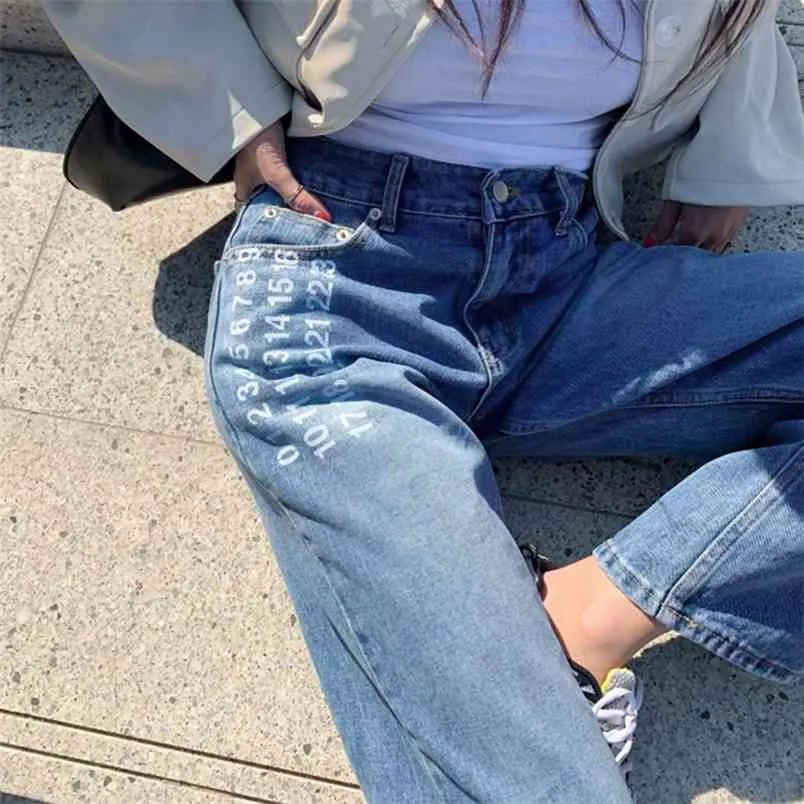 Blue Number Imprimir Straight Y2K Jeans para Meninas Femininas Femininas Moda Denim Calças Vintage Cintura Alta Cintura Harajuku Capris 210510