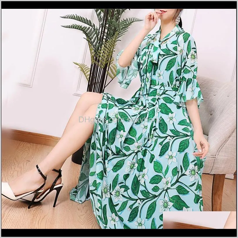 2020 new arrivals women`s short sleeve self tie vibrant floral print long maxi dress plus size holiday beach party sundress