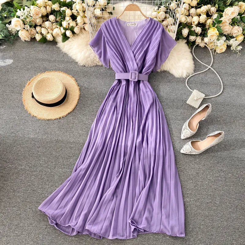 Singreiny Kobiety Lato Plised Sukienka Koreański V Neck Eleganckie Solidne Sukienki A-Line Moda Romantyczny Wakacje Plaża Długa Dress 210419