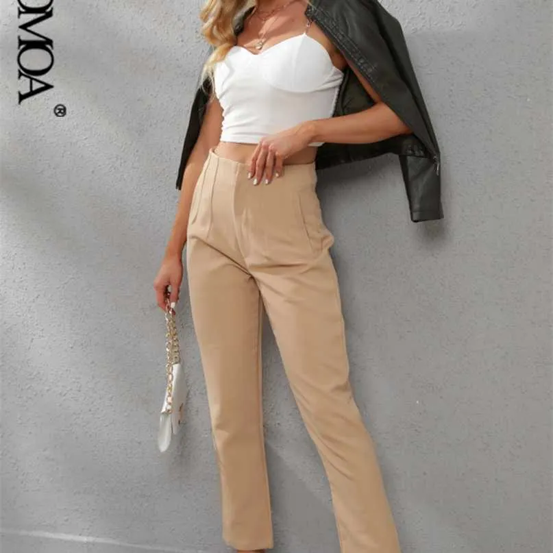 KPYTOMOA Kadınlar Chic Moda Dikiş Ayrıntı Ofis Giyim Pantolon Vintage Yüksek Bel Fermuar Fly Kadın Ayak Bileği Pantolon Mujer 211118