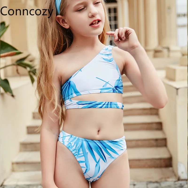 2021 New Children's Swimwear Digital Printing Oblique Shoulder Hollow Girls Spring Kids Sexy Bikini