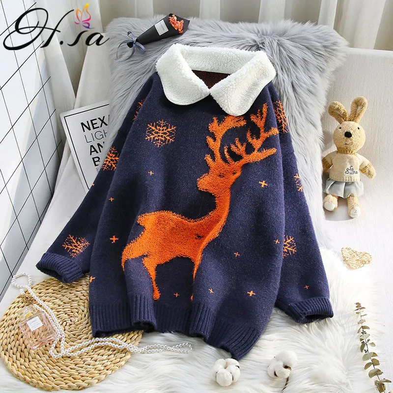 H.SA winter woman Pullover and Turn Down Collars Cartoon Cute Christmas Sweaters Deer oversize jumper 210417