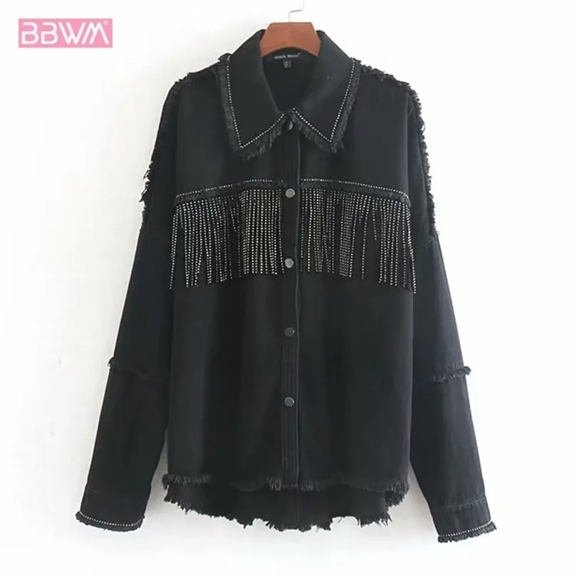 Army Green Lapel Stylish Oversized Beading Decorate Denim Women Jacket Tassel Long Sleeve Coat Female Outwear Loose Tops Black 211014