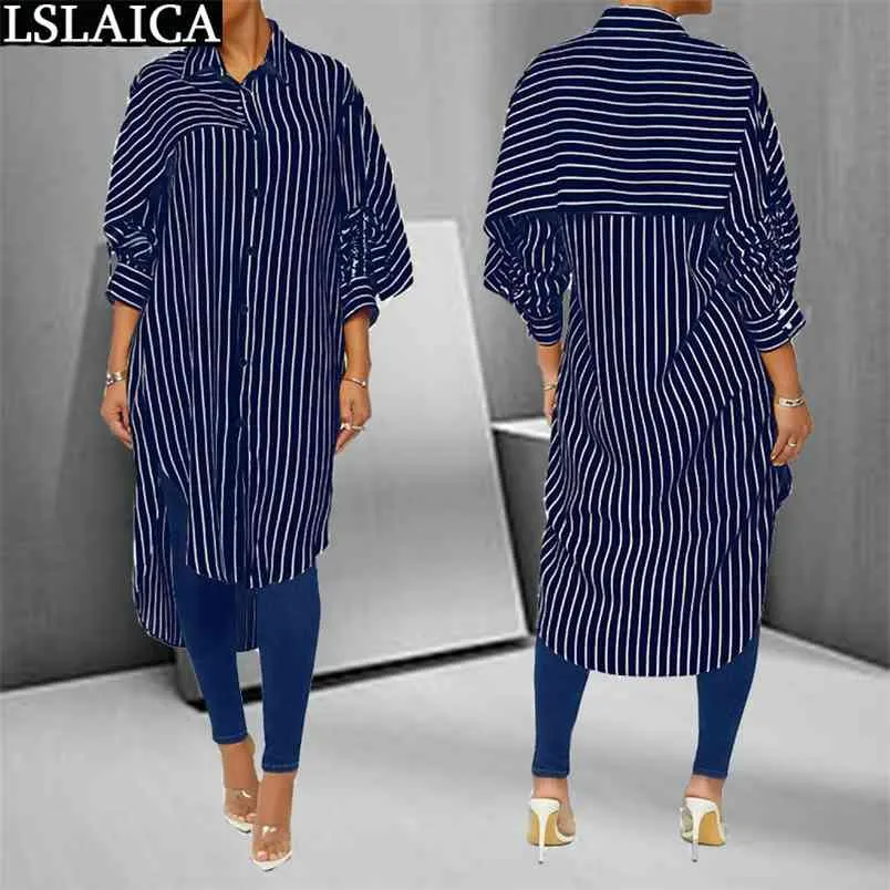 Party Dress Fashion Mid-Calf Striped Printing Klänningar För Kvinnor Lös Casual Button Streetwear Lrregular Hem Vestiti Donna 210515