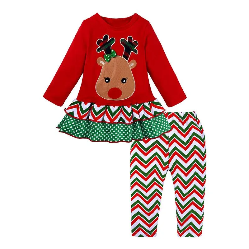 의류 세트 어린이 크리스마스 복장 아기 소녀 옷 빨간색 tshirts 스타킹 2 조각 엘크 티셔츠 바지 정장
