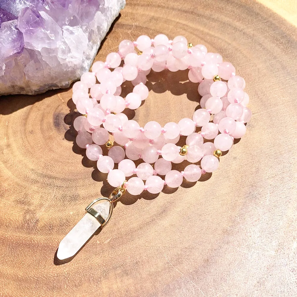 ST0370 nouveau Design fait à la main Rose Quartz Mala collier Anti-âge 108 Mala perles noué collier Quartz pendentif bijoux