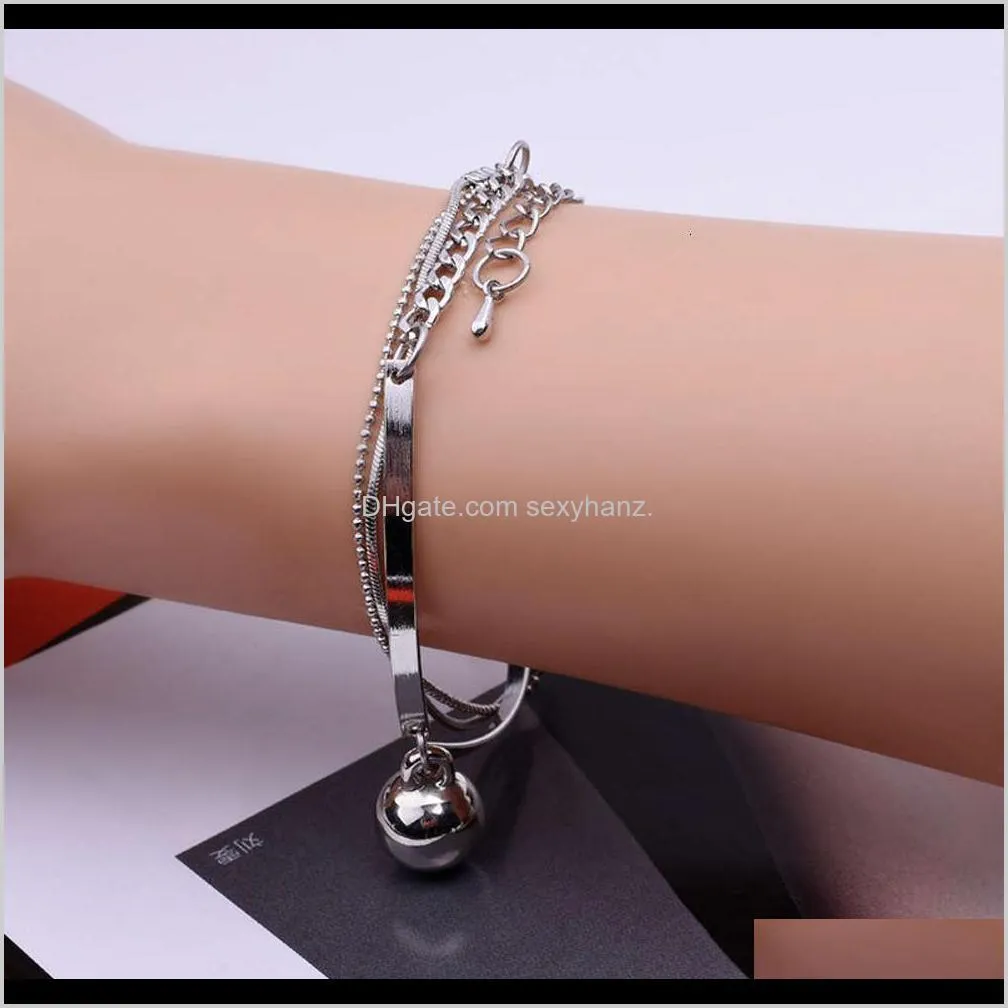 Charm Bracelets Drop Delivery 2021 Korean Jewelry Simple Style Fashion Cute Round Bead Metal Chain Design Multi-Layer Bracelet Qo5Hf